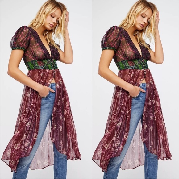 Free People Tops - Free People Daisy Fields Dark Floral Mix Print
Sheer Chiffon Maxi Top Duster Sm